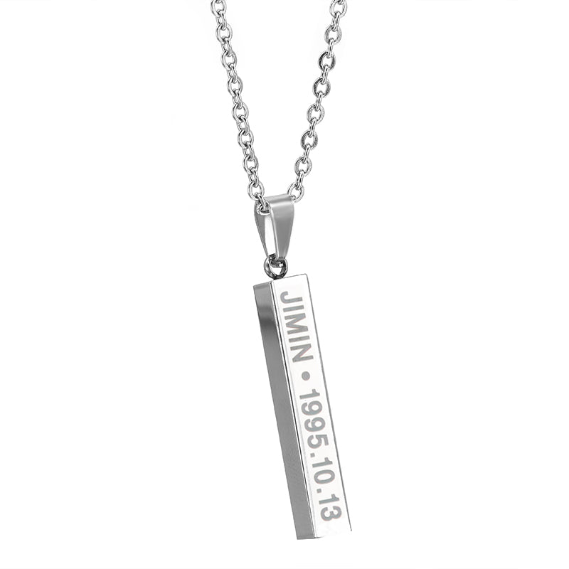 2020 Hot BTS jimin Name Date Cuboid Bar Pendant Necklace Fashion Jewelry Silver Titanium Chain Necklaces & Pendants for Fans