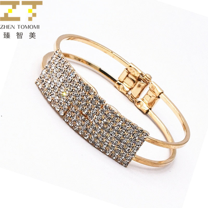 2020 Hot Fashion Ladies Gold Color&Silver Plated With Rhinestones Charm Wide Cuff Open Bracelets Bangles For Women Jewelry