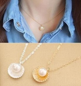 2020 Hot Fashion Minimalist Temperament Imitation Pearl Shell Shaped Pendant Chokers Necklace For Women Jewelry Clavicle Chain