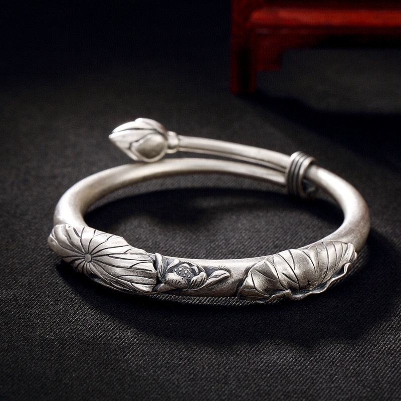 2020 Hot Sale Bangle S999 Fine Lotus Leaf National Wind Restoring Ancient Ways Personality Lady Bracelet Gifts Wholesale Agents