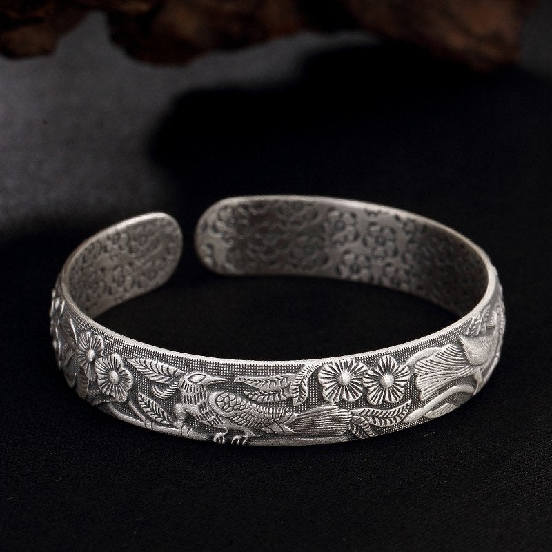 2020 Hot Sale Real One L&p, Silver, S999, Coin, Antique, Matte, Phoenix, Plum, High-end Ladies, And Open Bracelet Wholesale.