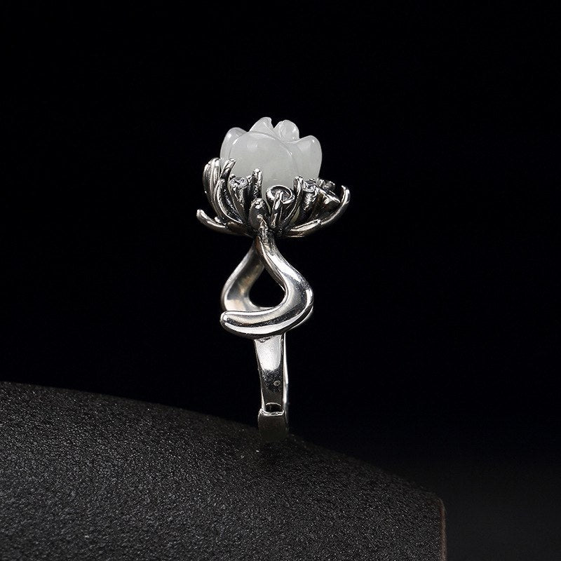 2020 Hot Sale S925 Pure Silver Inl Restoring Ancient Ways Hetian Jade White Jade Lady Rose Silver Ring Ring Wholesale