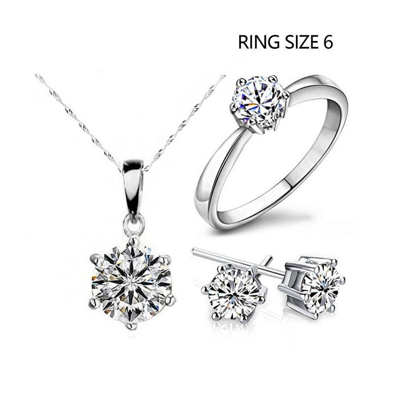 2020 Hot Sale Silver Color Fashion Jewelry Sets Cubic Zircon Statement Necklace & Earrings Rings Wedding Jewelry for Women Gift