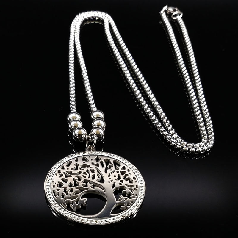 2020 Long Tree of life Stainless Steel Necklaces Pendants With Crystal Jewlery Silver Color Necklaces Jewelry bijoux femmeN18059