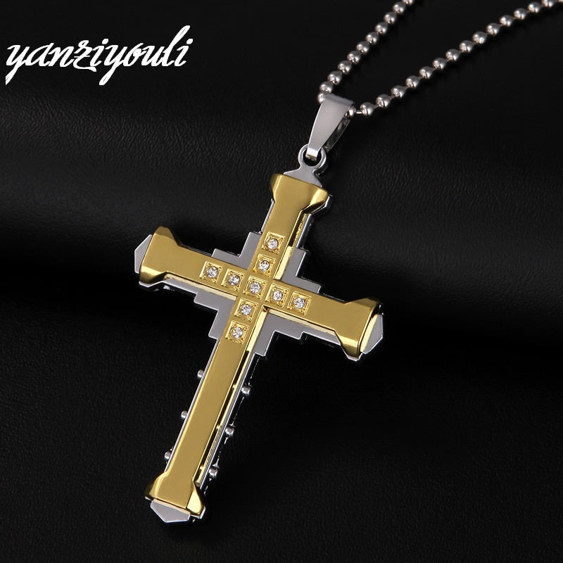 2020 Male Crystal Cross Pendant Silver Gold Black Stainless Steel Zirconia Jesus Cross Pendant Necklace Jewelry For Men D184
