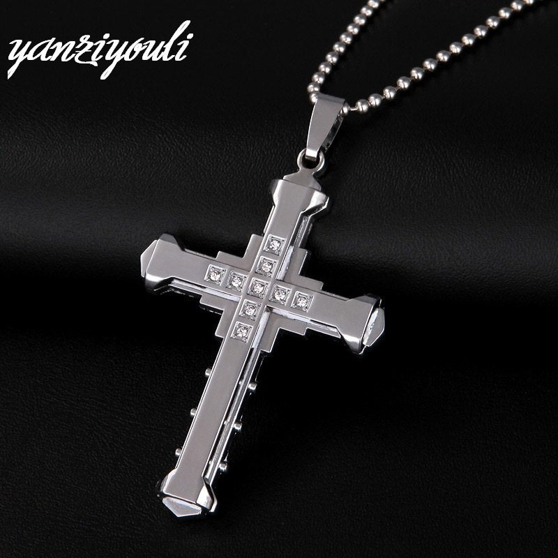 2020 Male Crystal Cross Pendant Silver Gold Black Stainless Steel Zirconia Jesus Cross Pendant Necklace Jewelry For Men D184