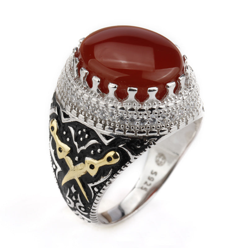 2020 Men Ring Real 925 Sterling Silver Red Agate Big Stone Ring with Double Sword Clear CZ Finger Ring for Men Fine Jewelry