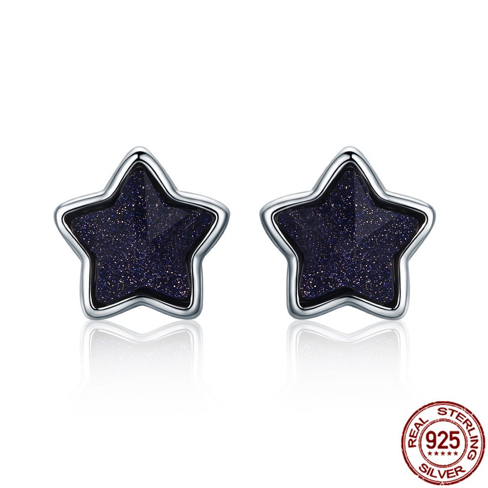 2020 NEW pure 925 Sterling Silver Star Sky Aventurine Blue Goldstone Energy Lucky Stud Earrings For Women Fine Jewelry VSE057