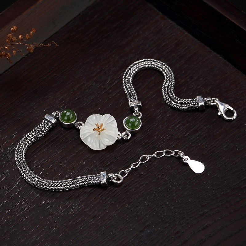 2020 New 100% 925 Sterling silver Gemstone Bracelet For Women Ethnic lotus natural hetian jade inl bracelet