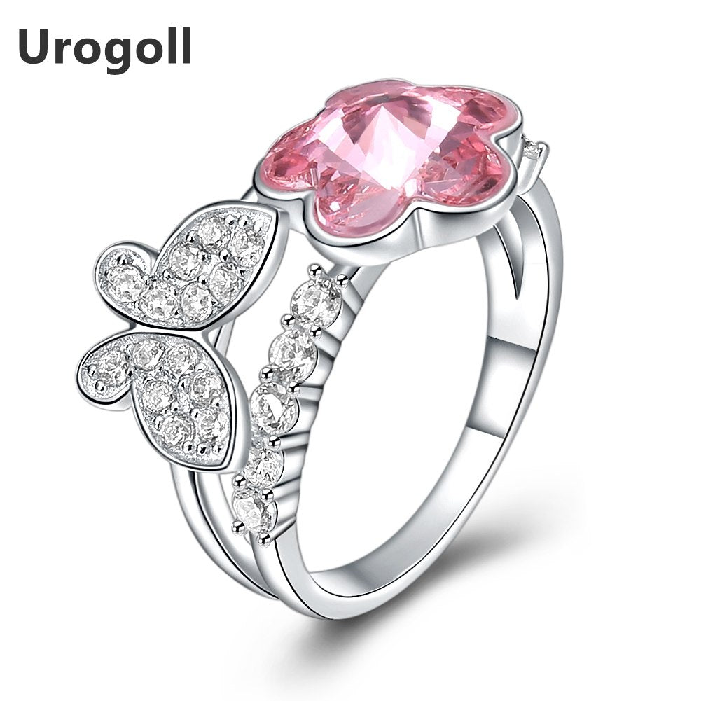 2020 New 925 Sterling Silver Ring for Women Pink Crystal Flower Engagement Rings For Women Valentine's D Gift