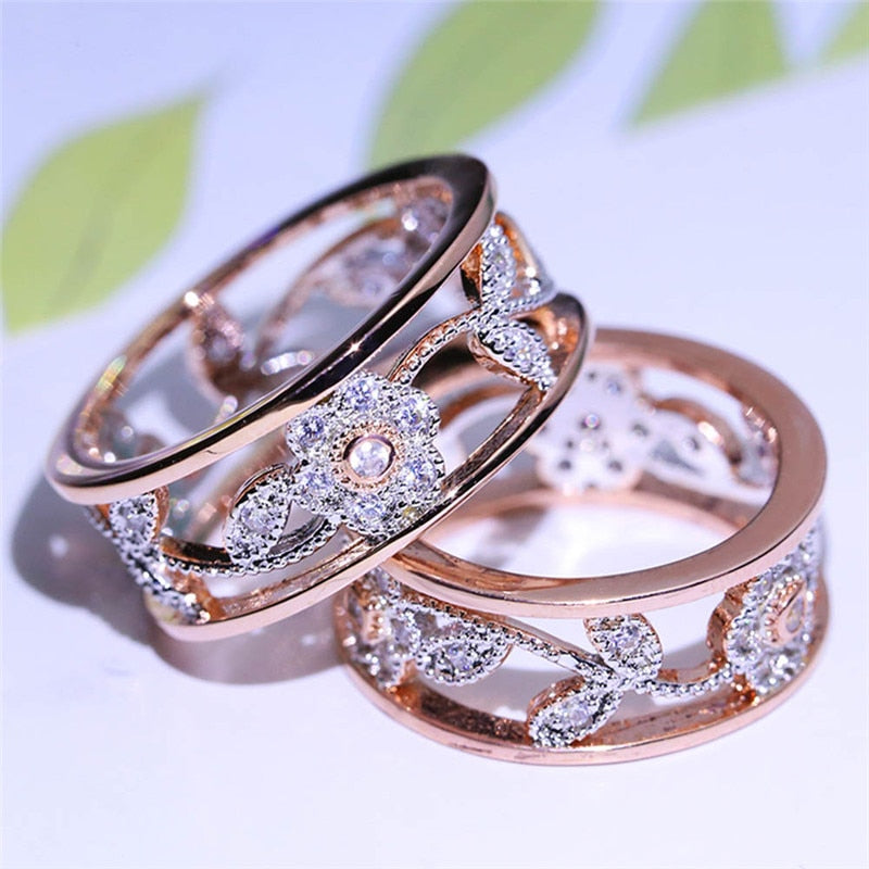 2020 New Arrival Crystal Rose Gold Flower Leaf Hollow Design Rhinestone Ring For Women