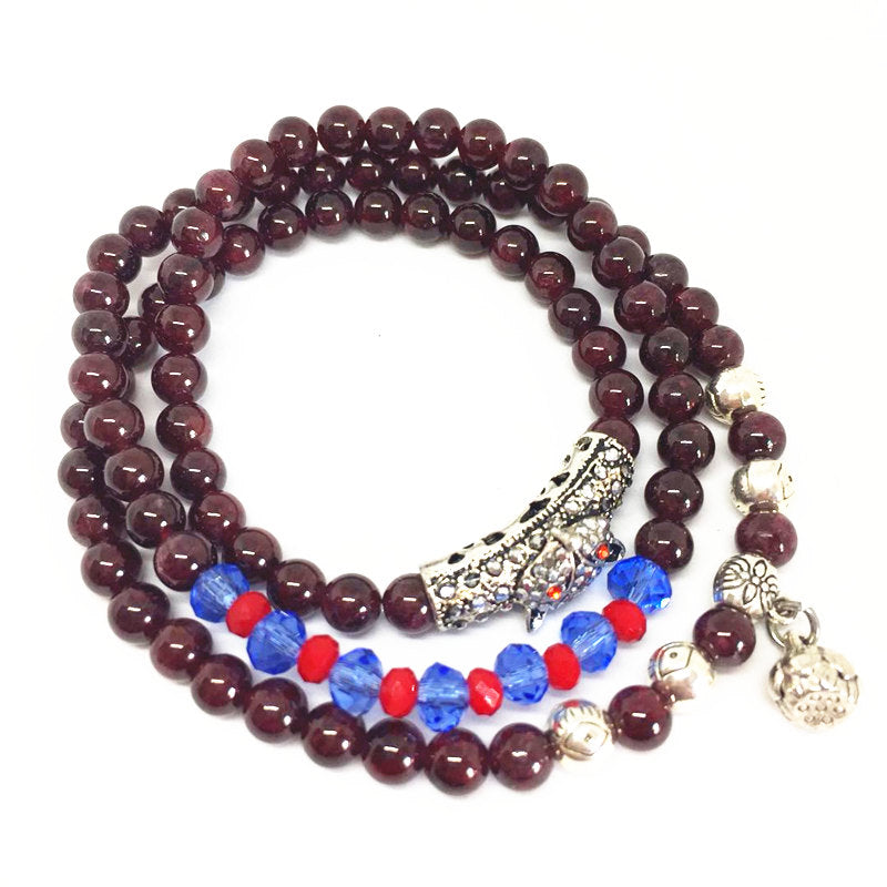 2020 New Arrival Natural 6mm Garnet Bracelet with Lovely Fox Accessories Three Layer Elestic Bracelet Women's Jewelry Good Gift
