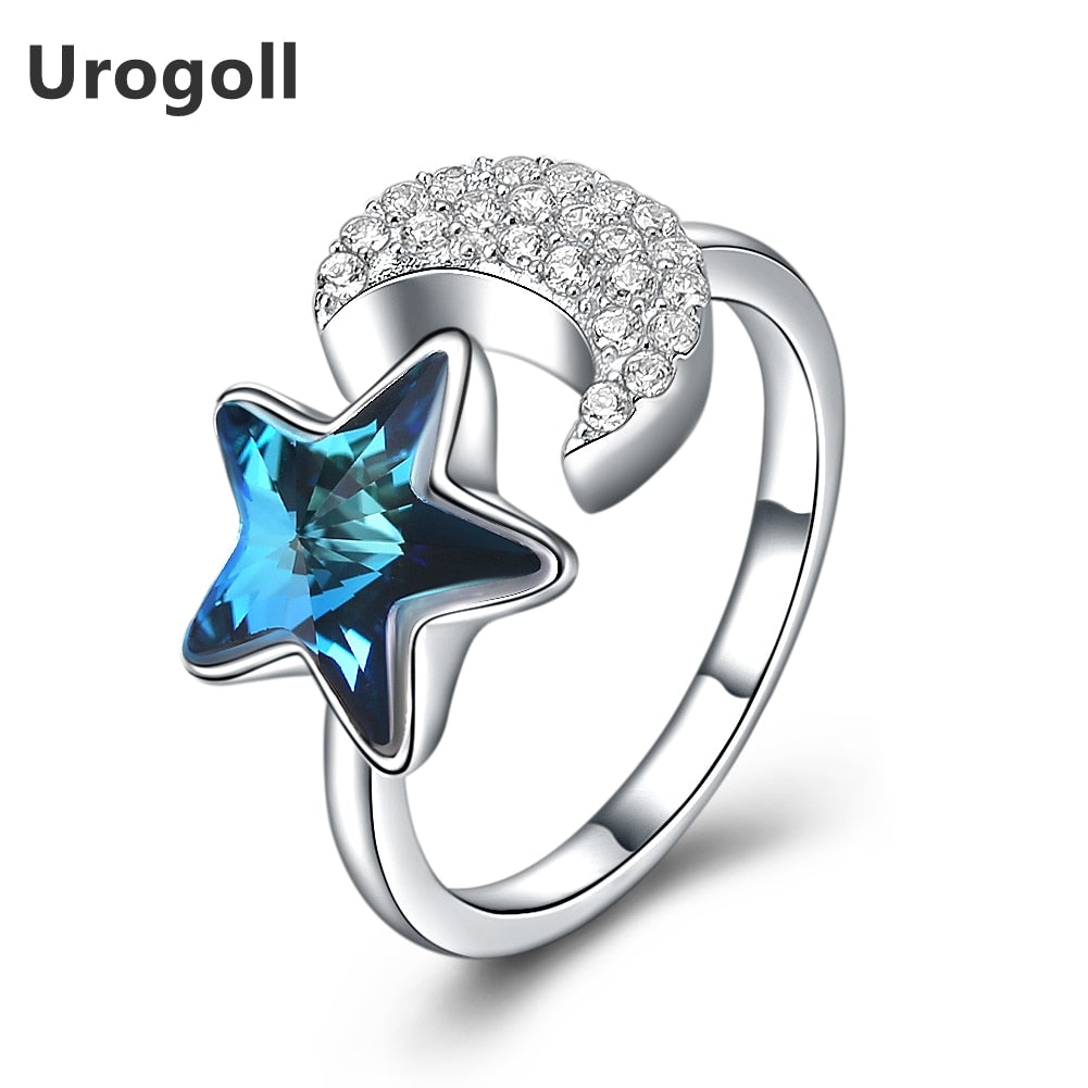 2020 New Arrival S925 Fashion Pure Silver Crystal Elements Stars Moon Modeling Jewelry Opening Ring Women Gift