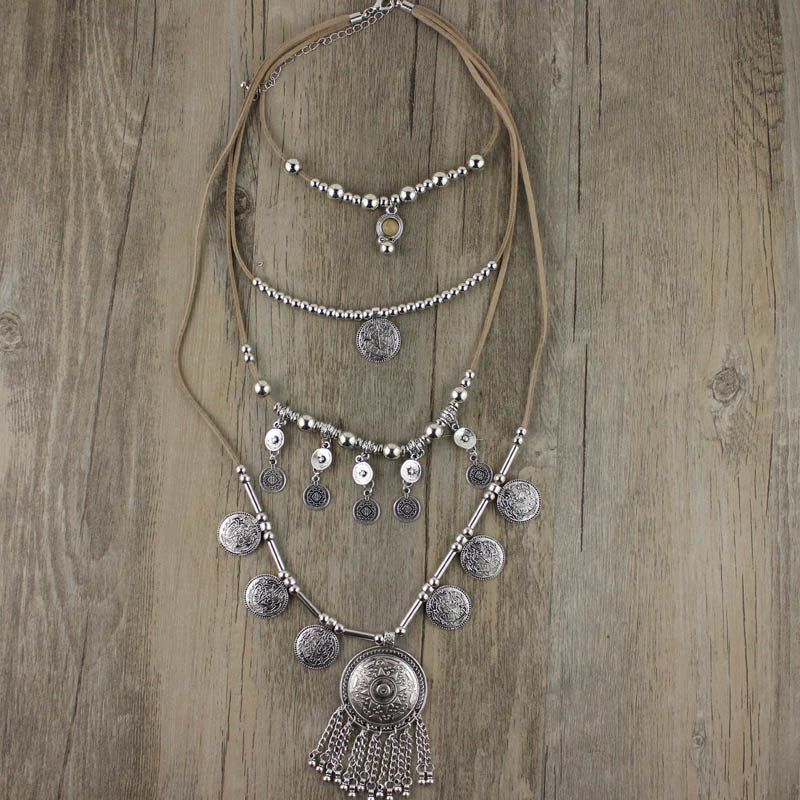 2020 New Arrived Handmade India Silver Coin Pendants Long String Leather necklaces Ethnic Jewelry for Woman party Gift