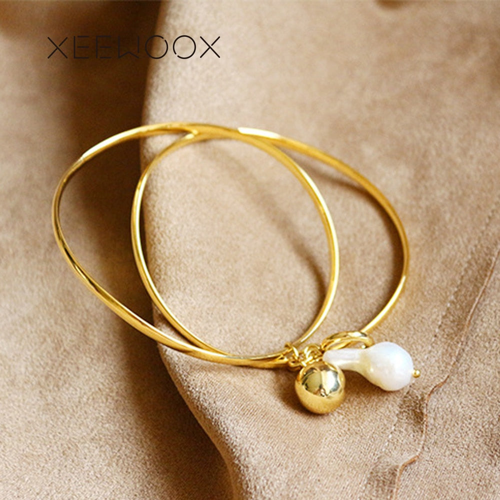 2020 New Bohemia Woman Bangles White Drop Pearl Circle 14k Yellow Gold Designer Fashion Creative Gift