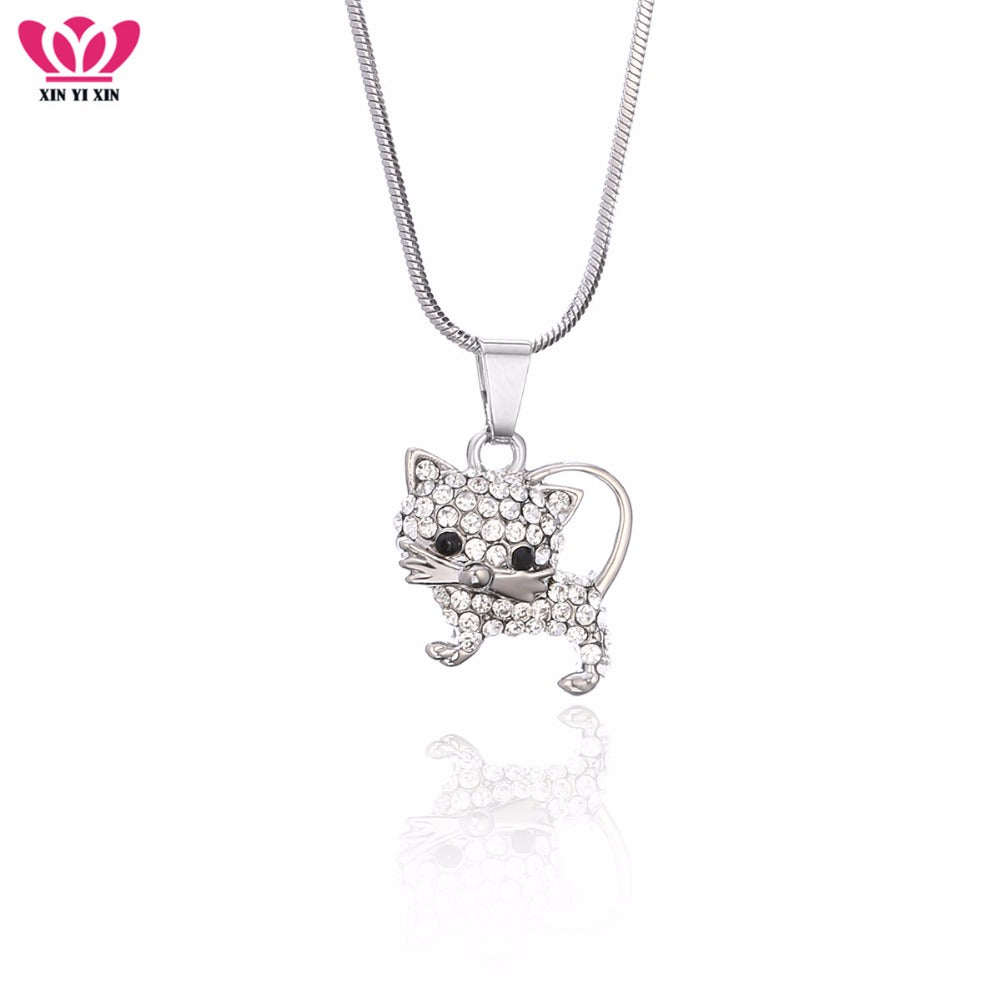 2020 New Cute Little Cat Charms Crystal Necklace High Quality Silver Snake Chain Women Elegant Jewelry Party Girl Gifts