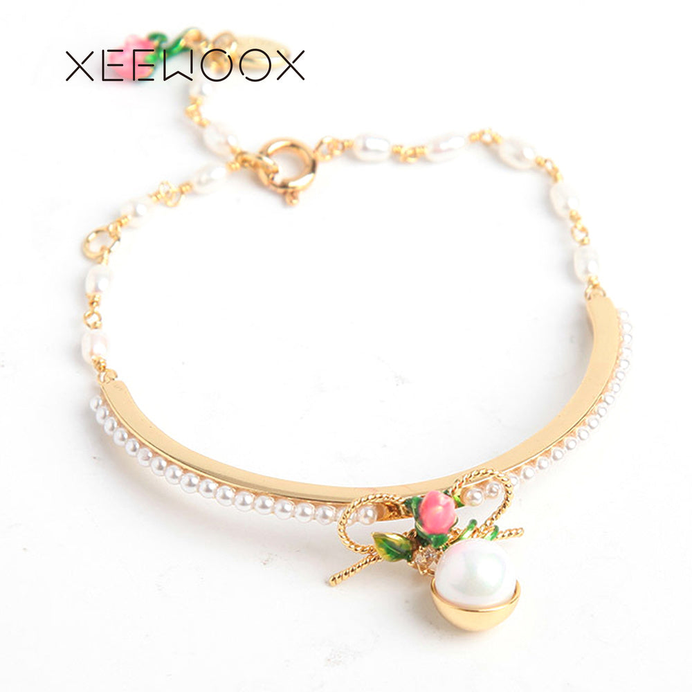 2020 New Design Vintage Enamel Colorful European noble Style French Pearl Pink Flower Bracelet Woman Anniversary Gift