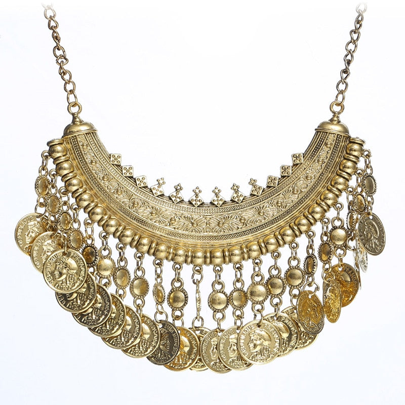 2020 New Design Women's Fashion Silver Coins Pendant Statement Bib Charm Choker Coin Choker Necklace Statement Maxi Necklaces