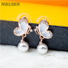 2020 New Earrings for Woman Rose gold Butterfly Stud Earring Bride Wedding Jewelry Simulated Pearls Zi Alloy Earrings