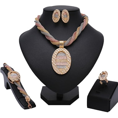 2020 New Fashion African Beads Jewelry Set Exquisite Carved Dubai Pure gold -color Jewelry Set Nigerian Wedding Bridal Bijoux