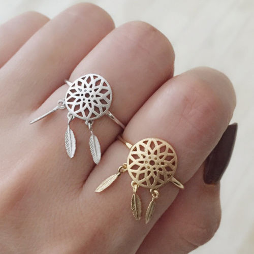 2020 New Fashion Gold Silver feather charm open-end dreamcatcher Rings For Women Dream Catcher Jewelry