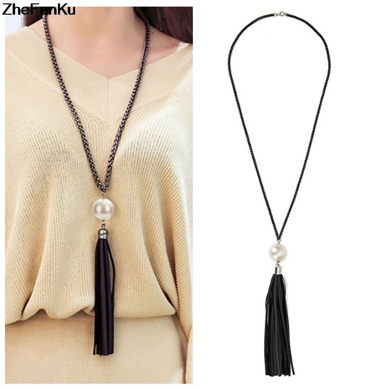 2020 New Fashion Imitation Pearl Pendant Beads Leather Tassels Big Pendant Long Chain Sweater Necklace Charm Jewelry