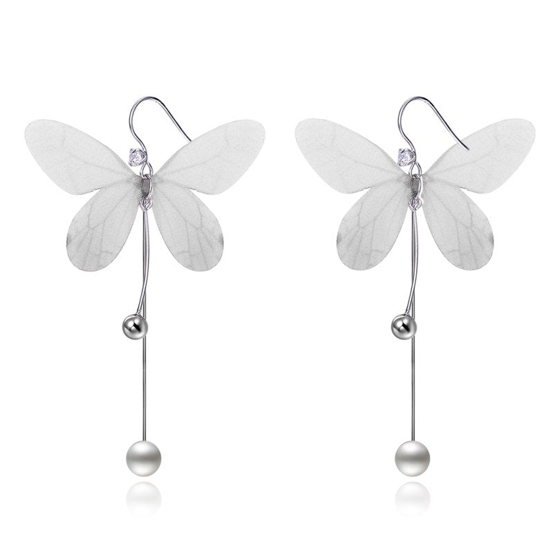 2020 New Fashion Pink&White Lace Butterfly Dangle Earring Long Double Line Pearl Earrings 925 Sterling Silver Jewelry