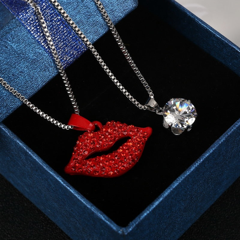 2020 New Fashion Women's Lovely Lips Pendant Rhinestone Long Sweater Box Chain Necklace Jewelry Crystal Pendants Necklaces