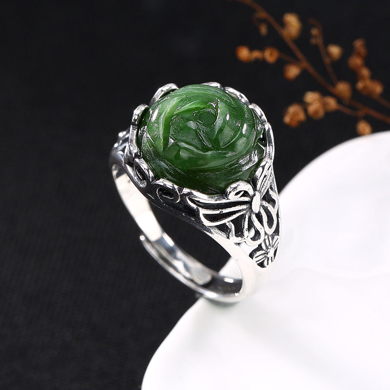 2020 New Hot Sale Anel Feminino S925 Pure Inlaid Hetian Peony Butterfly Restoring Ancient Ways Ring Wholesale Female Openings