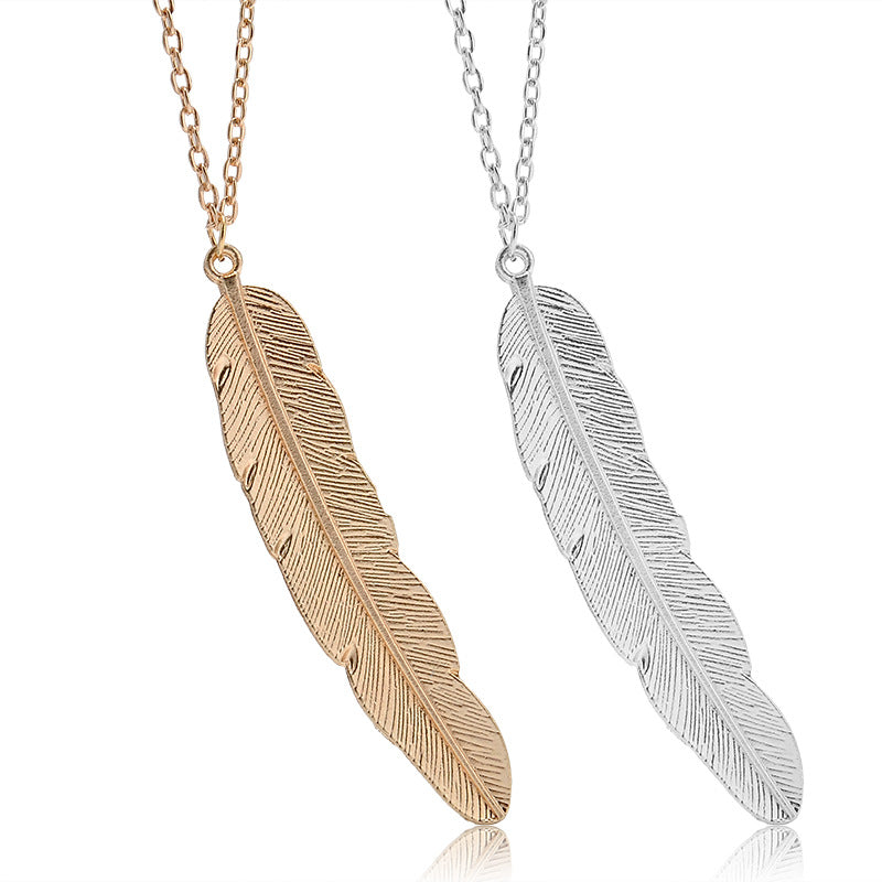 New Hottest Fashion Long Statement Simple Silver Plated&Gold Color Feather Leaves Pendants Necklaces For Women Jewelry