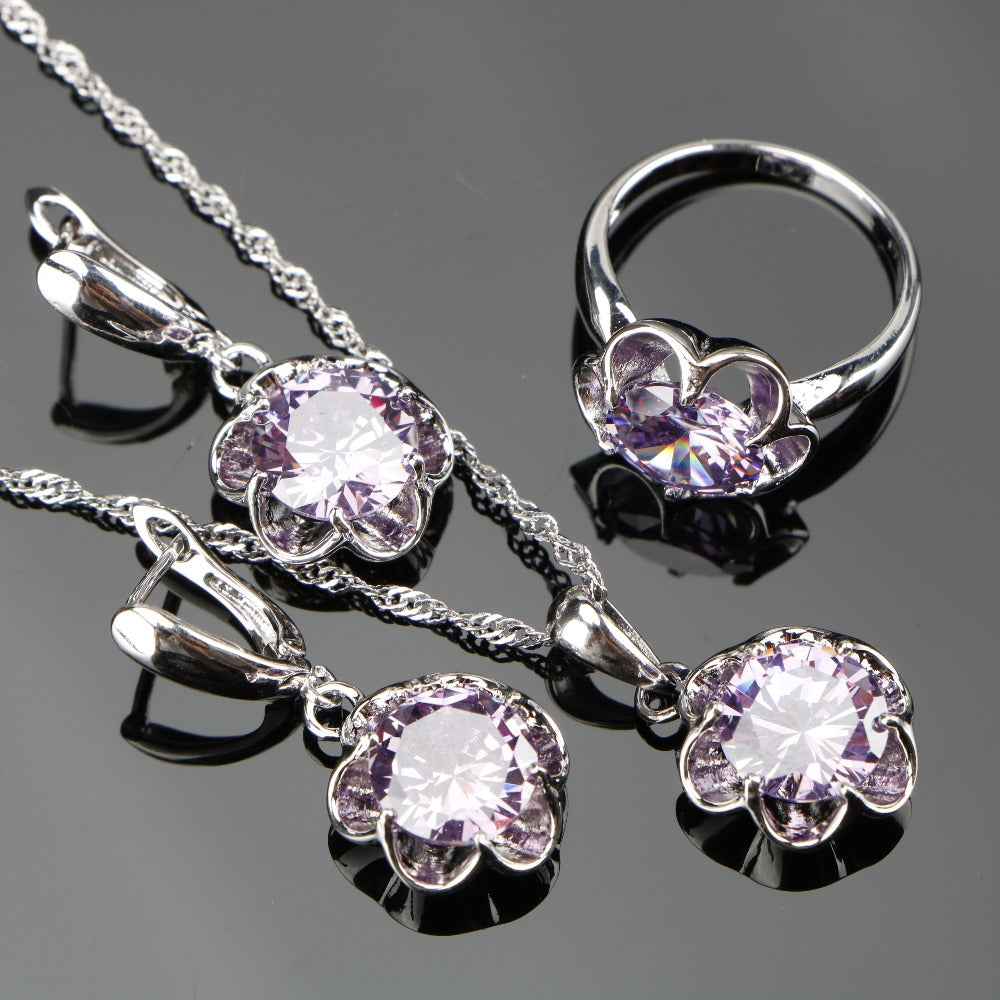2020 New Round Purple Zircon Silver 925 Costume Bridal Jewelry Sets Pendant Necklace Chain Rings Earrings Set Jewellery Gift Box