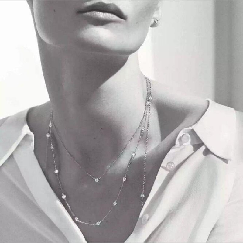 2020 New fashion fine 925 sterling silver sparking bling cz choker charm women multi layer adjust long sweater chain necklace