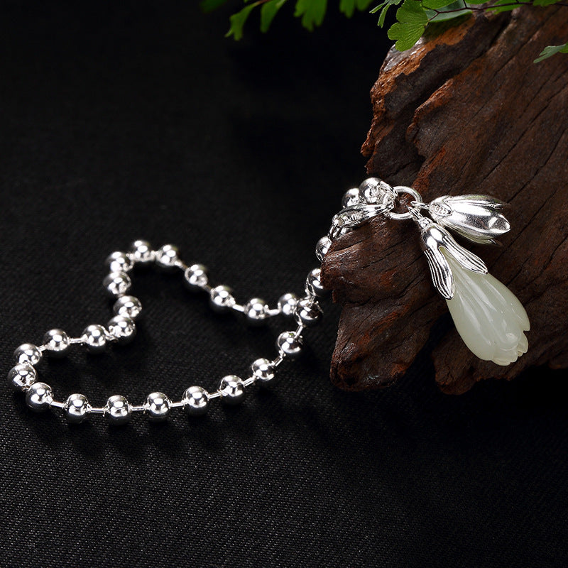 2020 New silver S925 Sterling Silver Antique mosaic and Tian Yu white magnolia flower lady bead bead ball chain