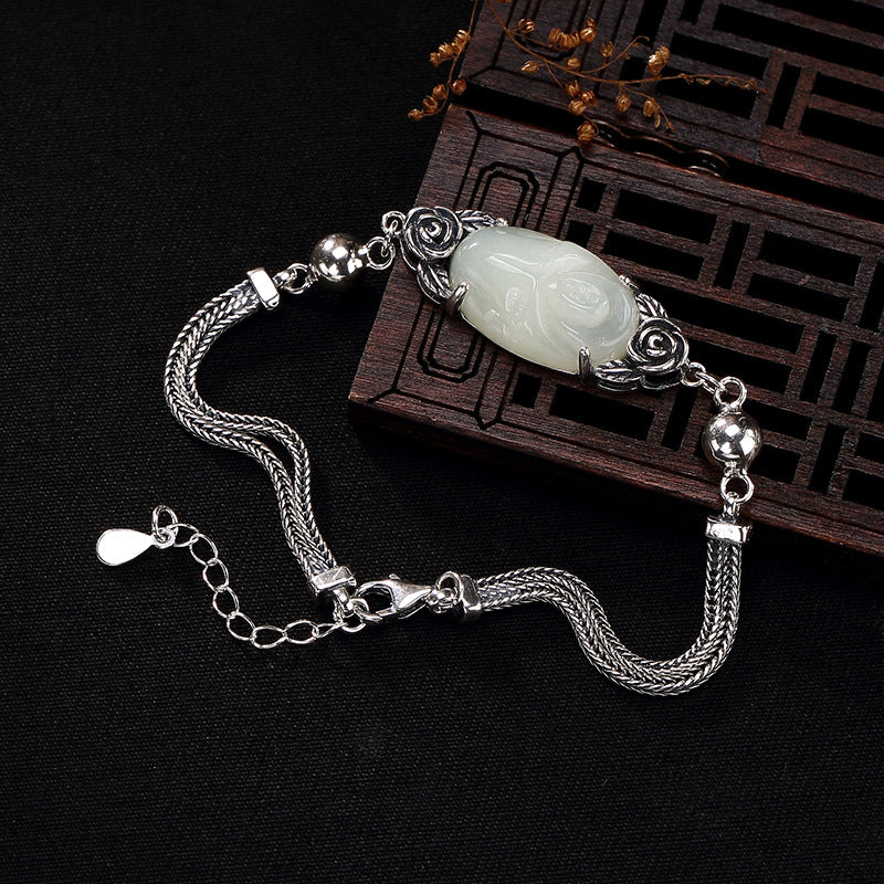 2020 New silver S925 pure silver natural Hetian jade white jade mosaic Rose Rose classic lady silver bracelet