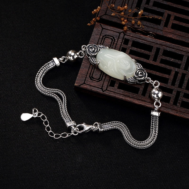 2020 New silver S925 pure silver natural Hetian jade white jade mosaic Rose Rose classic lady silver bracelet