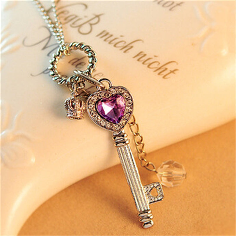 2020 Purple Crystal Love Heart Necklace Key Shape Women Gold Silver Chain Lady Feminino Collar