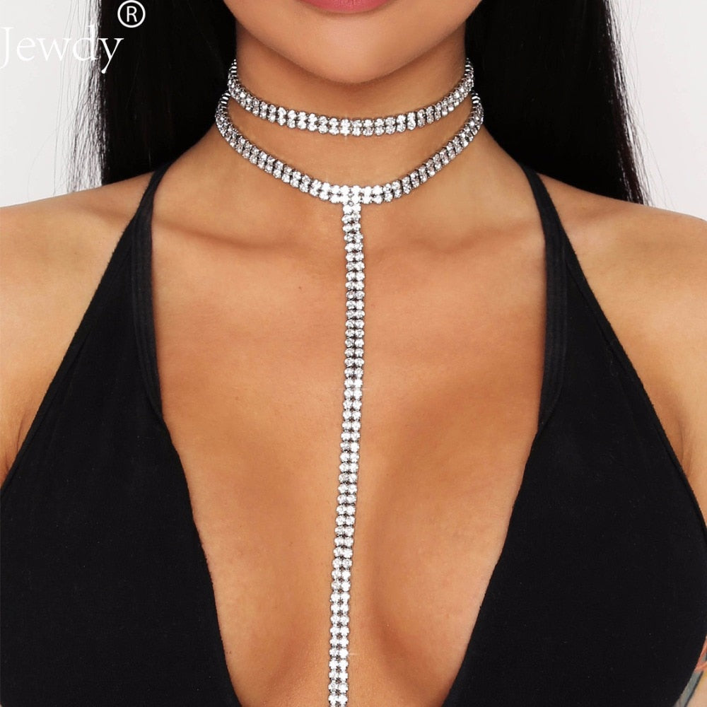 2021 Rhinestone Double Choker Necklaces Lariat Chain Pendant 90s Collier Women Chocker Statement Maxi Collar Wedding Jewellery
