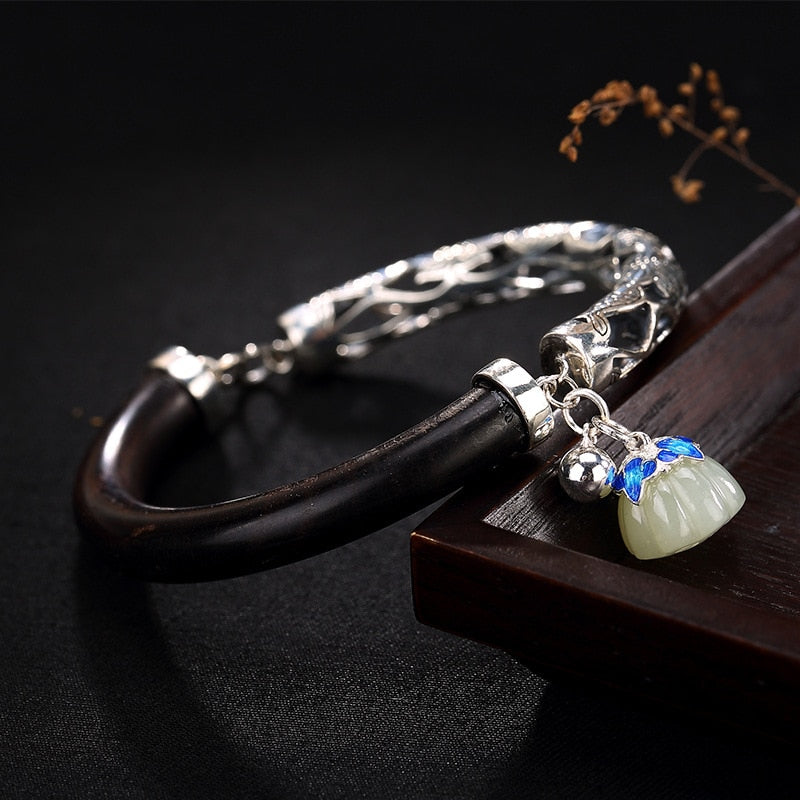 2020 Rushed Sale Women Bangle One Luyin S925 Pure Restoring Ancient Ways Is Matte Cloisonne Lotus Carp Hetian Bracelet Ms Ebony