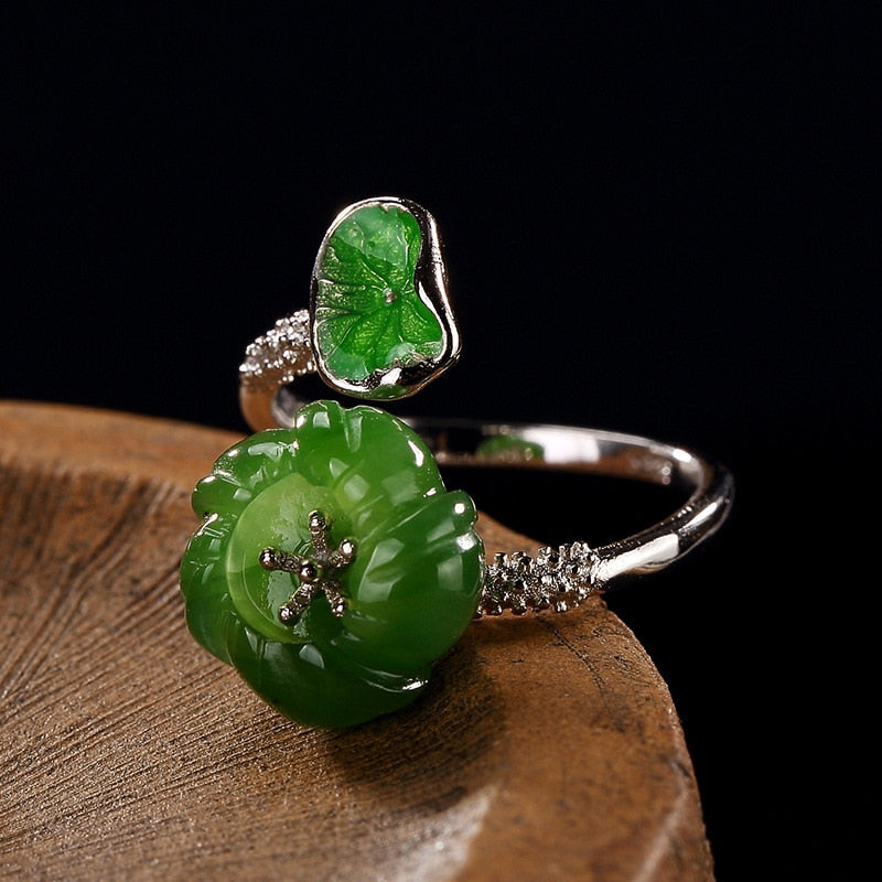 2020 Rushed Top Fashion Anel Feminino One Luyin S925 Pure Inl Hetian Leaf Ms Flower Wholesale High-grade Joker Openings Ring