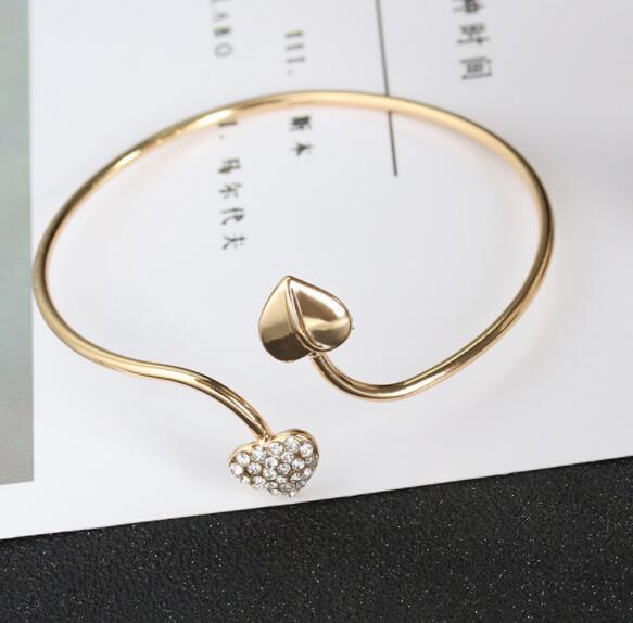 2020 Silver Plated Love Open Bangles Women Double Heart Crystal Cuff Bracelet Cubic Zirconia Rhinestone Charm Jewelry Adjustable