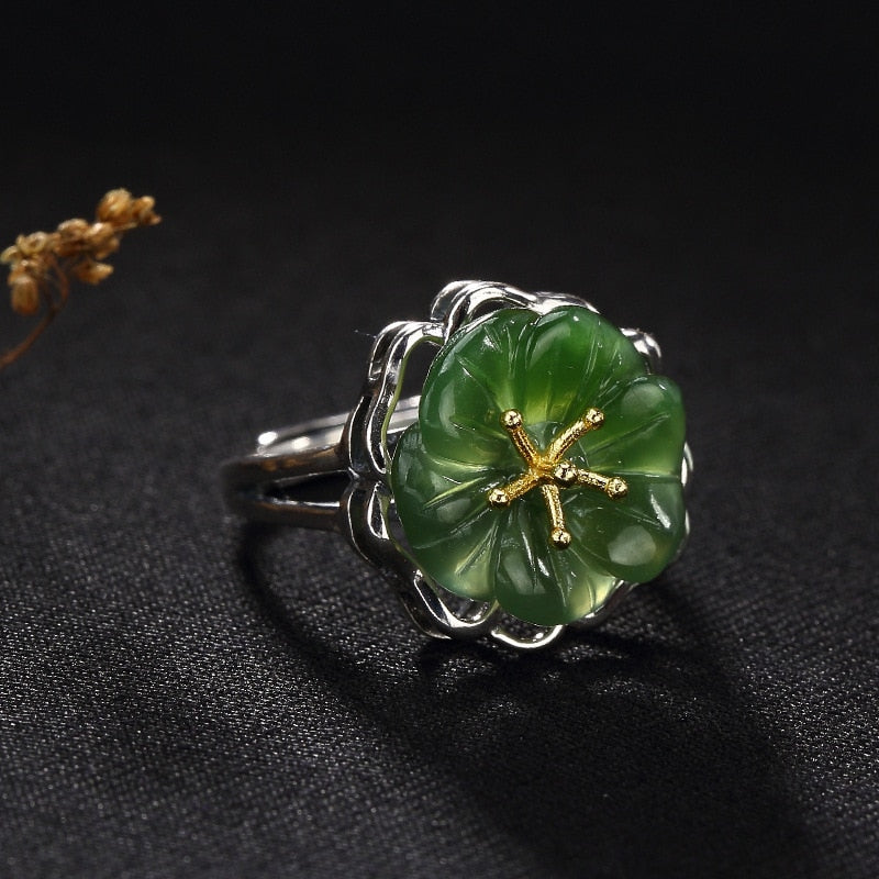 2020 Offer Anel Feminino S925 Sterling Plated Mosaic Natural Jade Mei Flower Lady Opens The High-end Ring Wholesale.