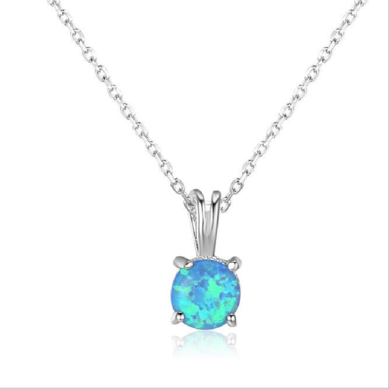 2020 Top quality 925 sterling silver simple design blue white fire opal prong setting single stone pendant necklace for women