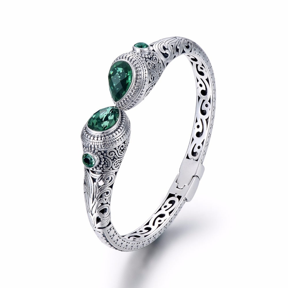 2020 Vintage Green Crystal Thai Silver Bracelet & Bangle For Women,Bali Ethnic Handmade Women Bangles Jewelry Pulseira Feminina