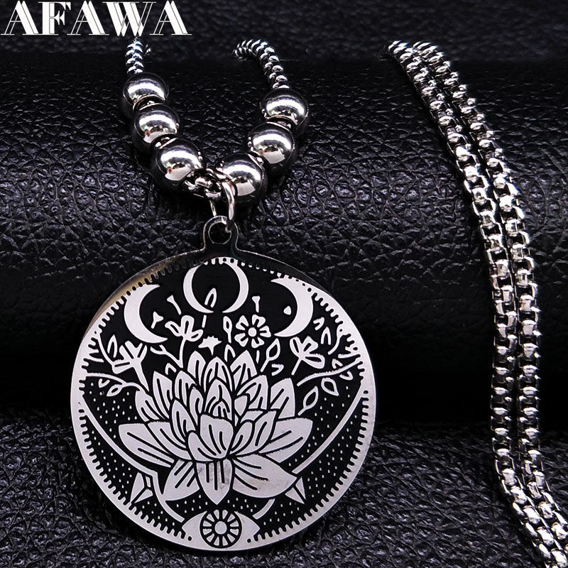 2020 Wicca Lotus Stainless Steel Necklaces Pendants for Men Black Silver Color Long Necklace Jewelry colgante hombre N18517