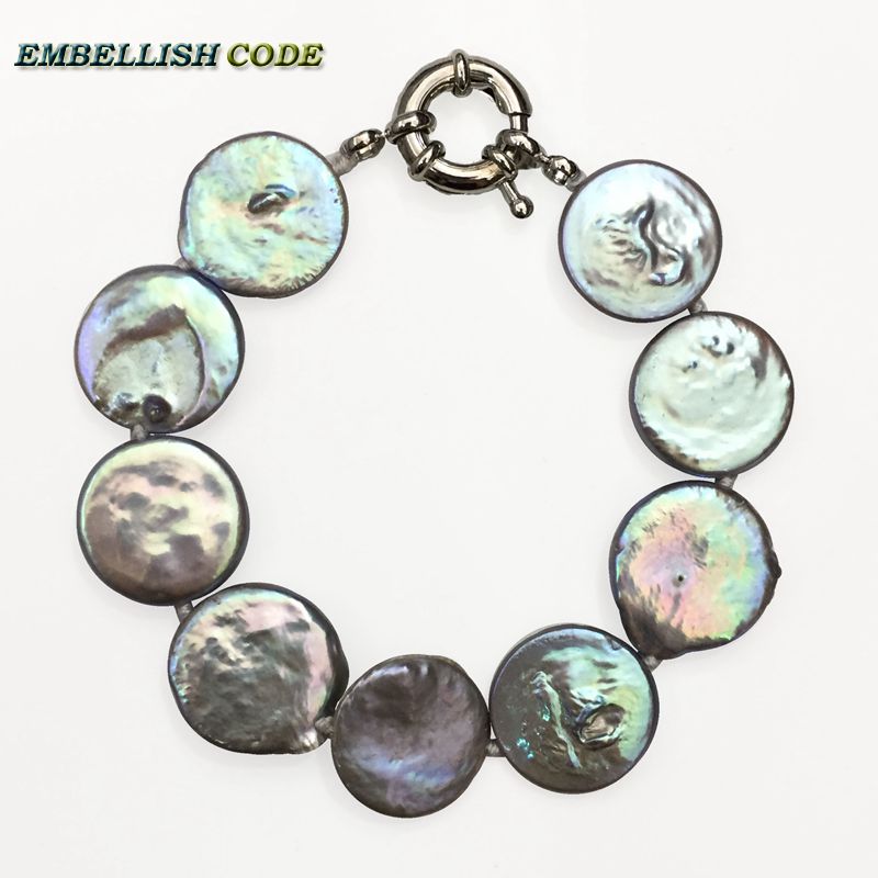 2020 baroque pearl bracelet Bangles gr colorful color flat round coin shape big size real pearls for women
