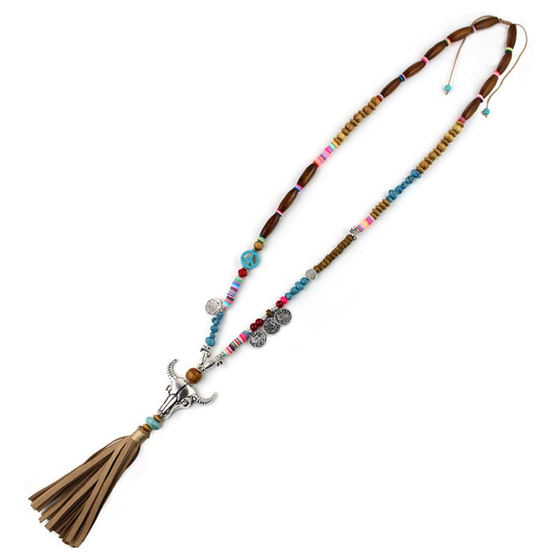 2020 classic Ethnic Handcraft Tibet Silver Tauren Vintage Jewelry Leather Tassel Long Necklace Pendants