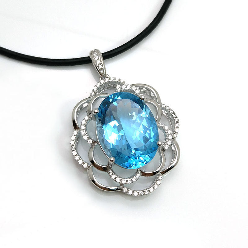 2020 new Shinning 21ct Natural stone Sky Blue Topaz Pendant leather chord necklace 925 Silver fine Jewelry for women best gift