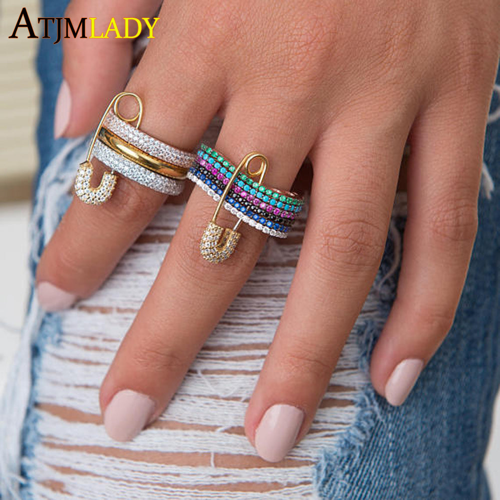 2020 new design unique gold color jewelry multi stack stacking band multi color colorful cz safety chain fashion women ring