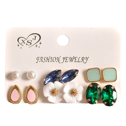 2020 new fashion women's jewelry girls' birthd party: pearl earring green and pink green mixed suit 6 pairs /set earrings