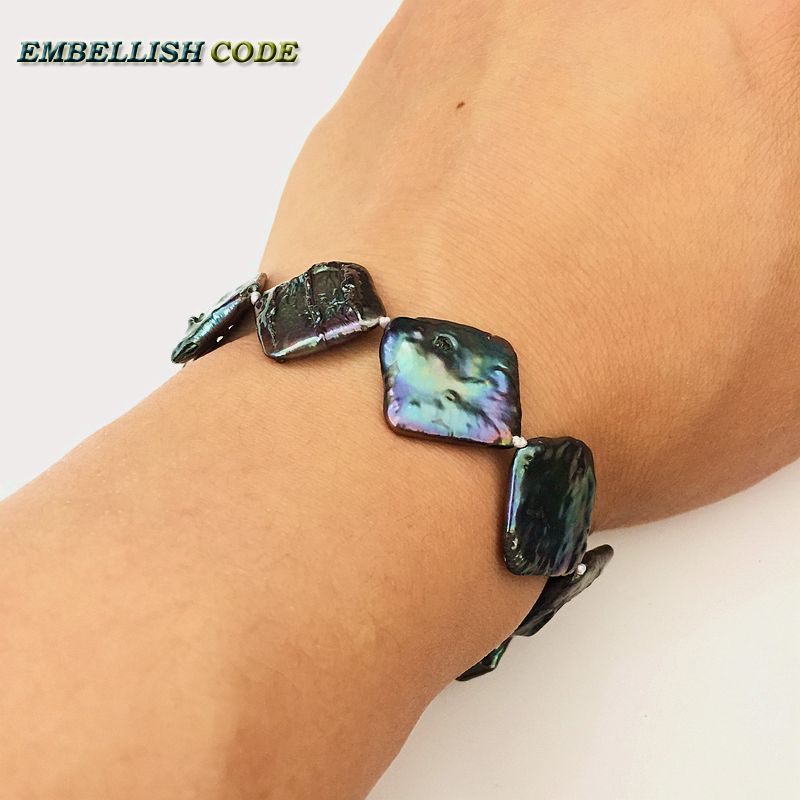 2020 new kind baroque pearl bracelet Bangles black few green color flat block shape real pearls for women